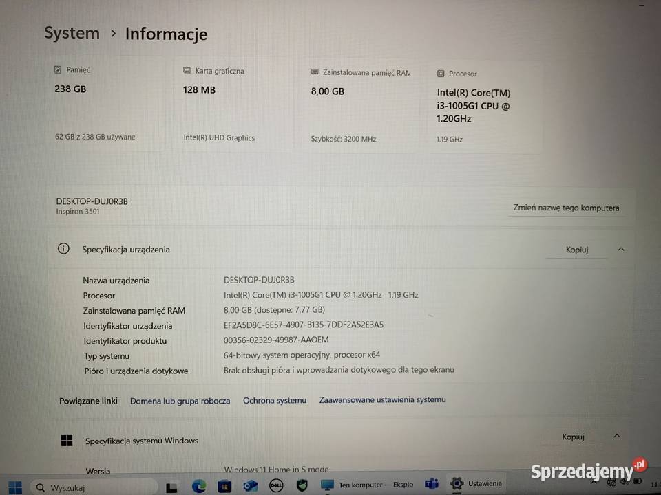 DELL Inspiron 15 3000 i3 12GHz 8GB 256GB SSD Warszawa