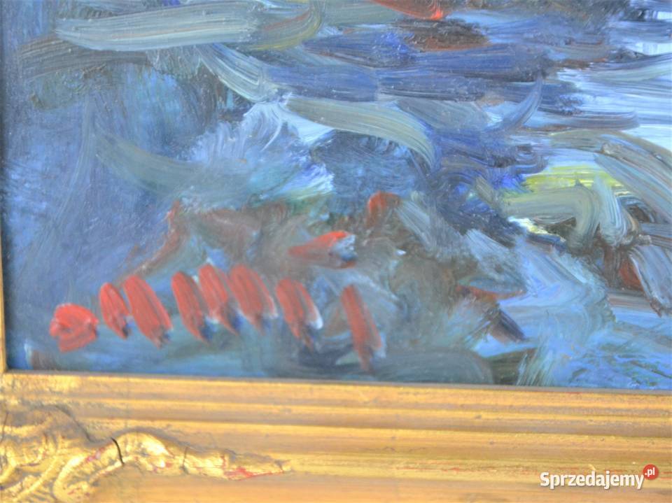 Pejzaż olej na płycie technika mieszana nóż Warszawa