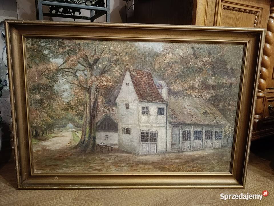 Stary obraz olejny na płótnie Sielankowy pejzaż kujawsko-pomorskie