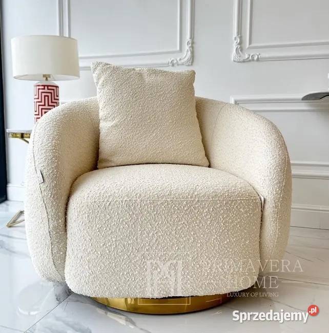 Fotel obrotowy nowoczesny okrągły designerski beżowy boucle