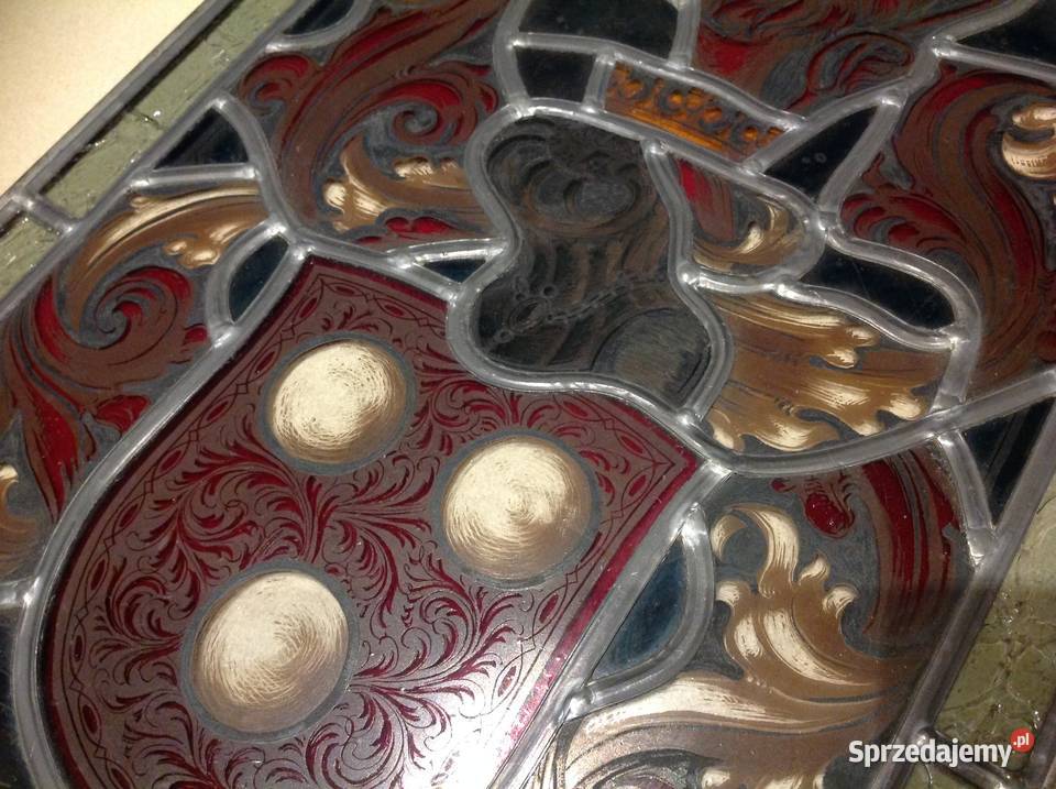 Duży Witraż Szklany STARY Sygnowany Szkło Cyna