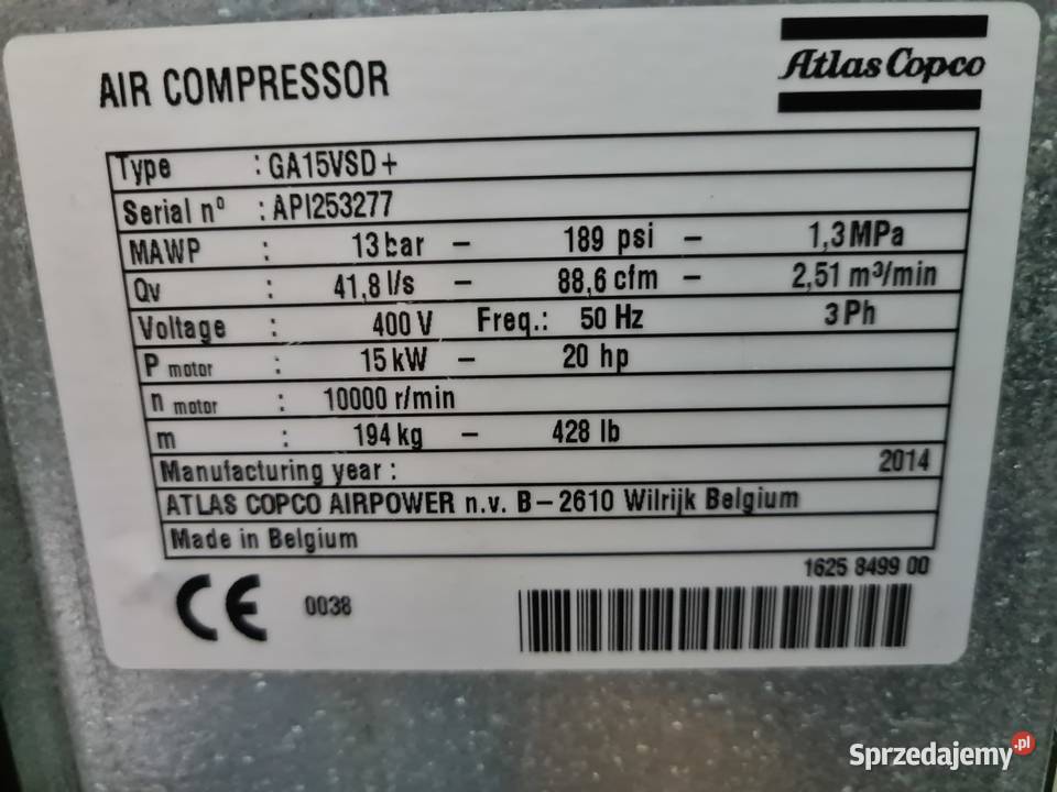 Kompresor śrubowy Atlas Copco GA 15 VSD ff wielkopolskie Zduny sprzedam