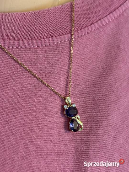 Naszyjnik z kotkiem i fioletowymi kryształkami sprzedam