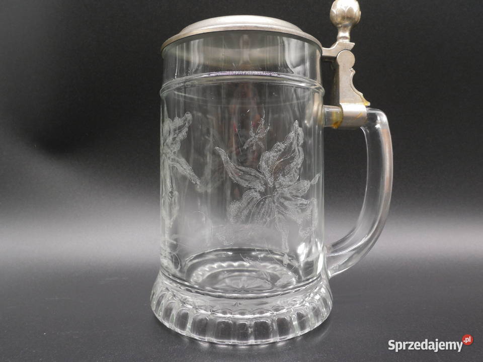 Szklany Kufel do Piwa z Cynową Pokrywką motyw wielkopolskie