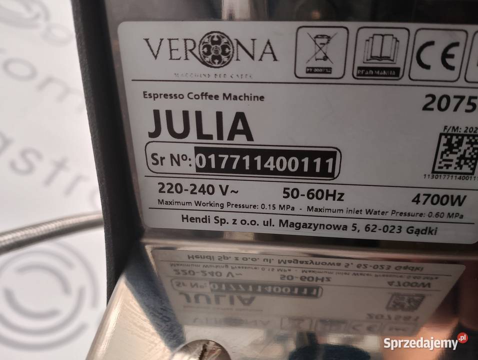 Ekspres ciśnieniowy kolbowy Verona Julia z Gastronomia Wrocław sprzedam