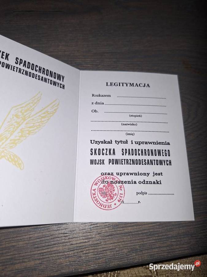 Legitymacja skoczka spadochronowego lubelskie Lublin sprzedam