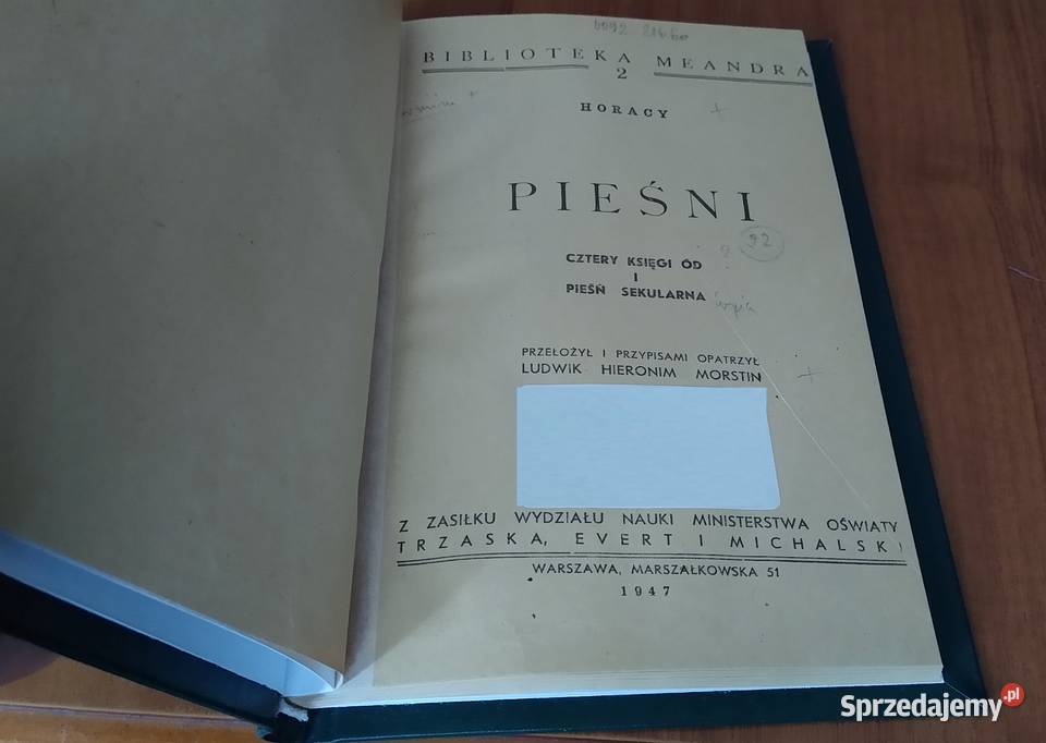 Pieśni cztery księgi ód i pieśń sekularna Horacy Rok wydania 1947 Gdańsk sprzedam