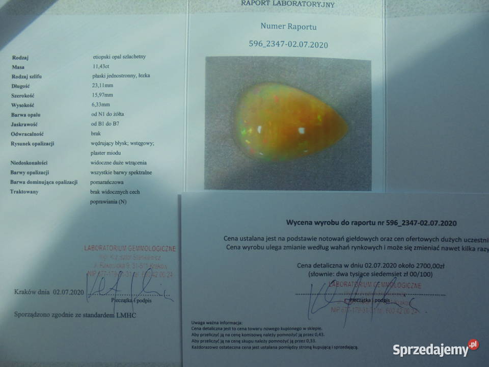 certyfikat duży naturalny opal etiopski 1143 ct mazowieckie Warszawa
