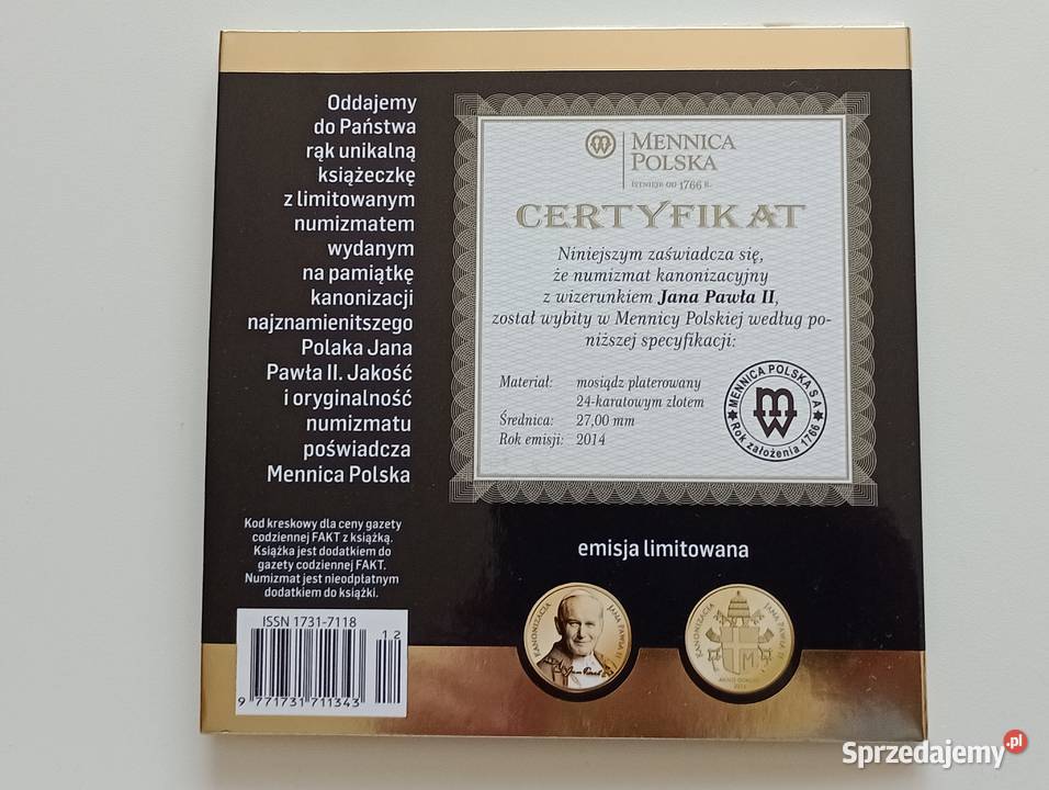 Numizmat kanonizacyjny Jan Paweł II 2014r
