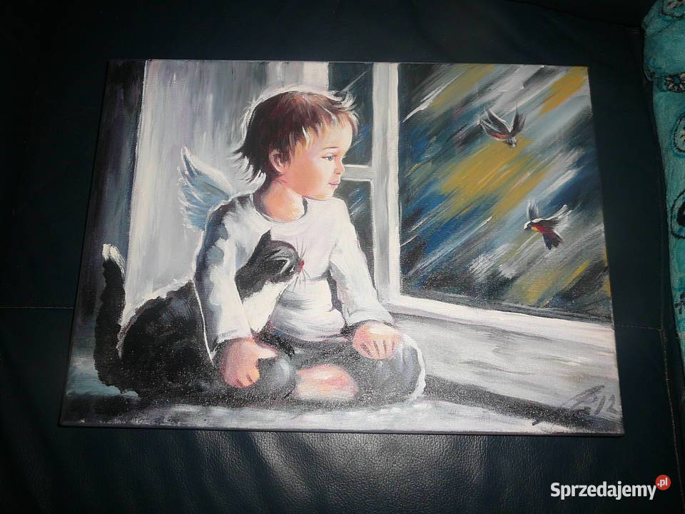 Obraz olejny dziewczynka i piórko chłopiec Wyposażenie wnętrz Wrocław