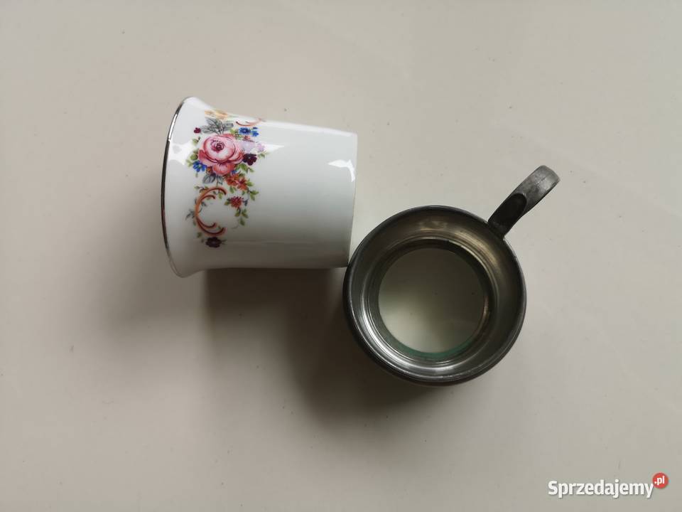 Filiżanka do mokki w cynowym koszyczku vintage Toruń