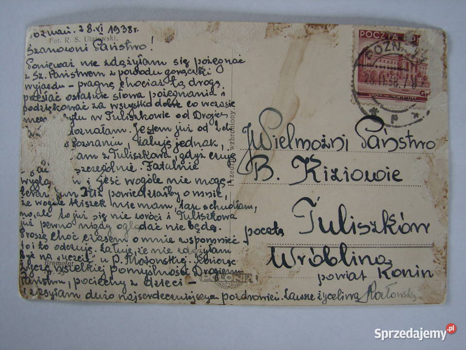 Tuliszków Wróblina pow Konin stara pocztówka z Warszawa sprzedam