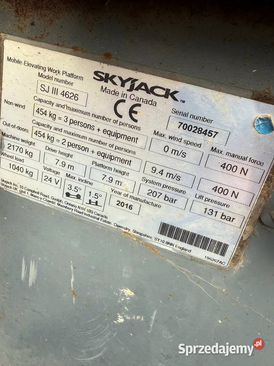zwyżka podnośnik SKYJACK 4626 790m 2016 w Dźwigi, podnośniki