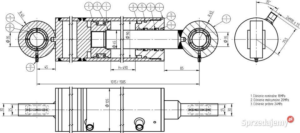 SIŁOWNIK HYDRAULICZNY SMT2MF 90x45 SKOK 490mm Solec Kujawski