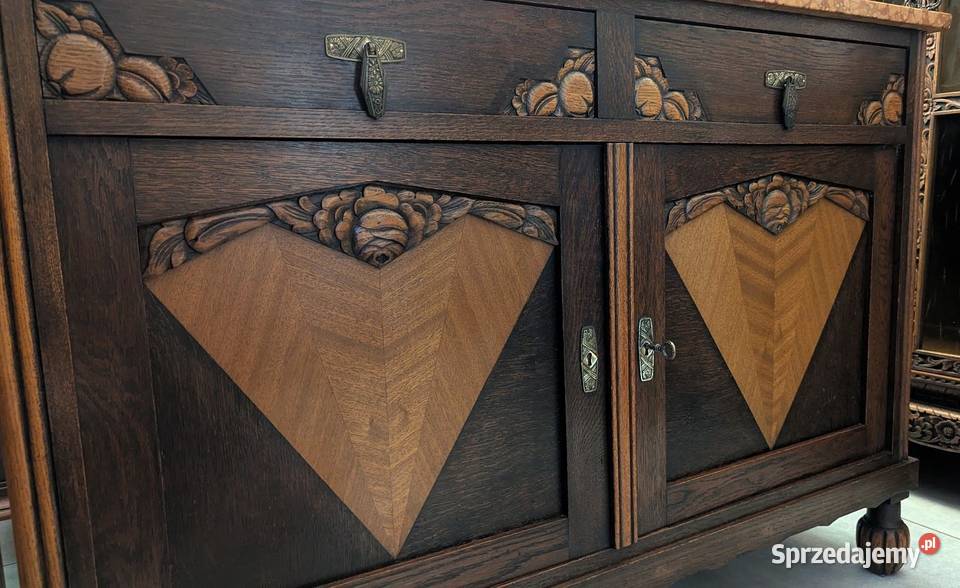 Piękna dębowa komodaszafka art deco z marmurem Dąbrowa Górnicza