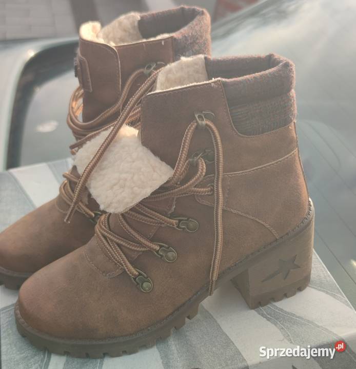 Ciemnobrązowe damskie botki z kolumną brązowy/beżowy Warszawa sprzedam