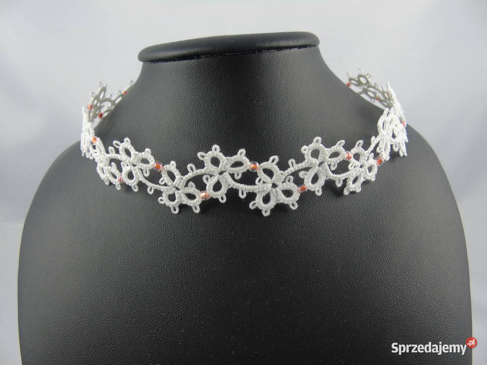 Obróżka choker na szyję frywolitkowy Wiśniowa