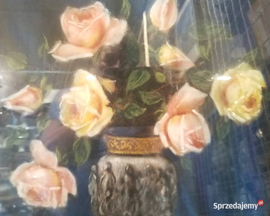 Pastel w złotej ramie róże w wazonie podpisany Z Bronisze
