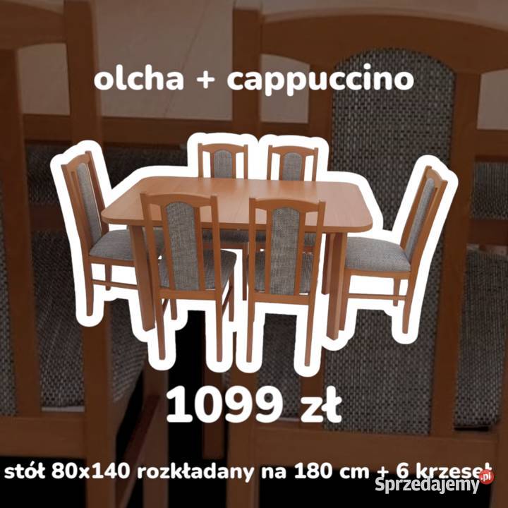 Nowe: Stół 80x140/180 + 6 krzeseł, OLCHA + CAPPUCINO,transPL