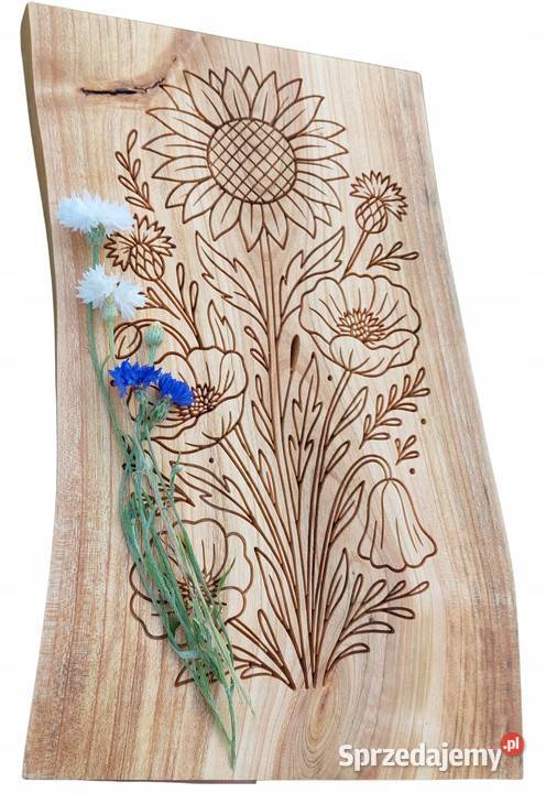 Płaskorzeźba grawer deska jesionowa kwiaty maki Malechowo