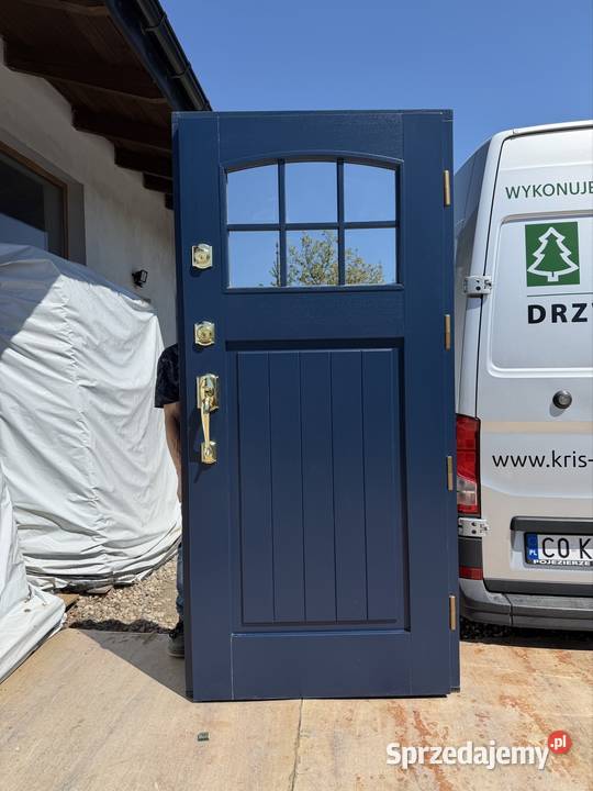 Drzwi zewnętrzne drewniane RĘKI Niebieskie sprzedam