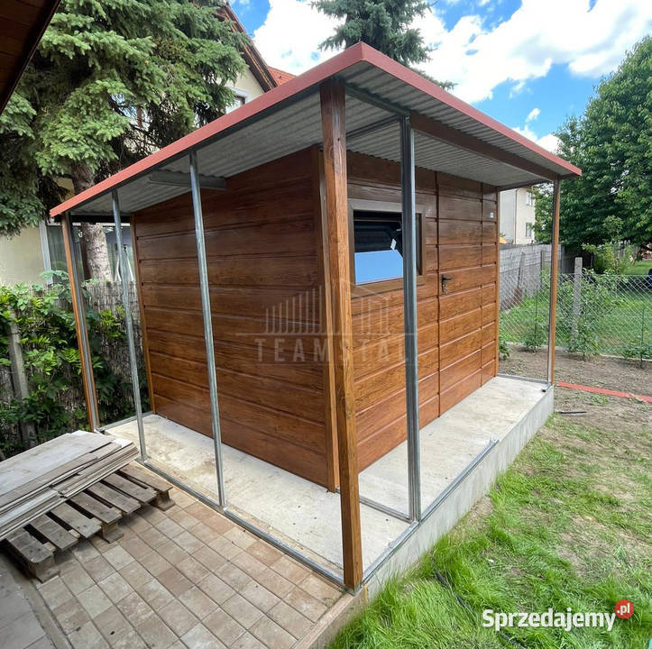 Domek ogrodowy 25x25m 2x wiaty drzwi okno rynny Domki narzędziowe