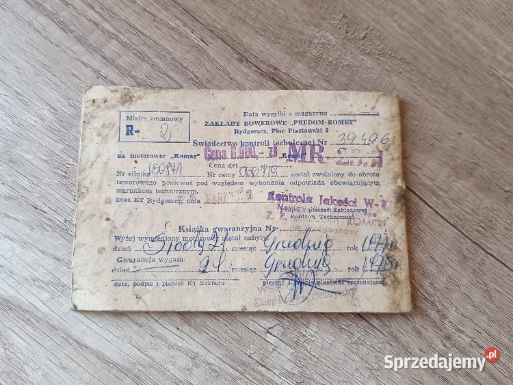 Książka gwarancyjna na motorower Komar 2331 sprzedam
