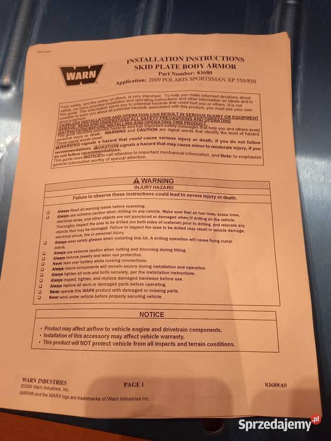Nowe osłony spodu podłoga Warn polaris sportsman Pozostałe Olecko
