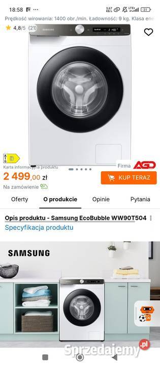 Pralka Samsung Eco bubble 9 1400obr 60cm mazowieckie Warszawa sprzedam