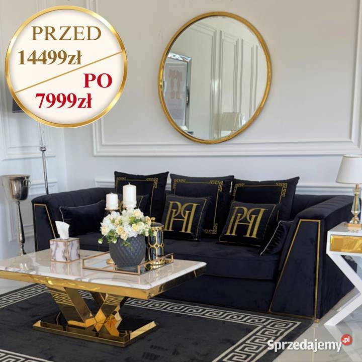 Luksusowa czarna sofa welwetowa złota 3 osobowa 240cm