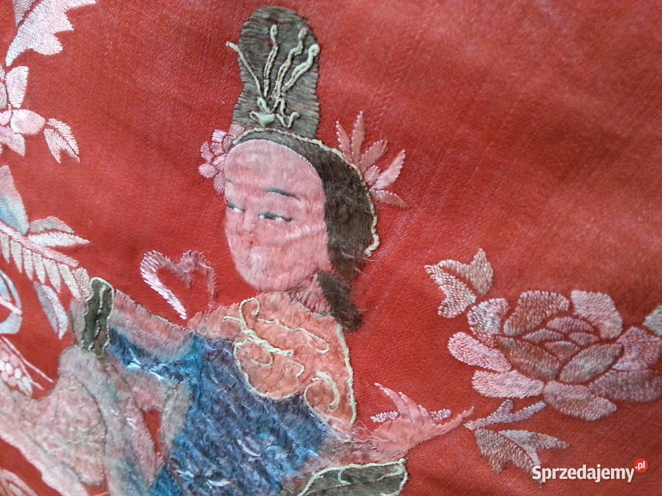 UNIKAT org XIXwieczny panel z chińskim haftem z Tkaniny Bydgoszcz