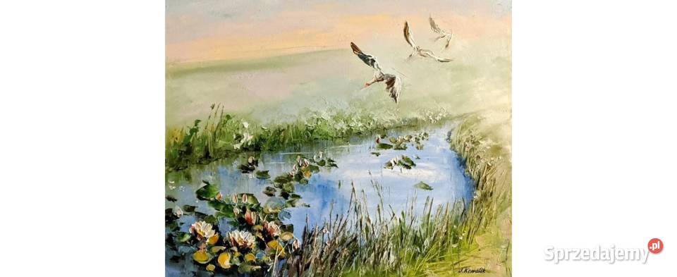Kowalik Bociany obraz olejny 40x50 pejzaż