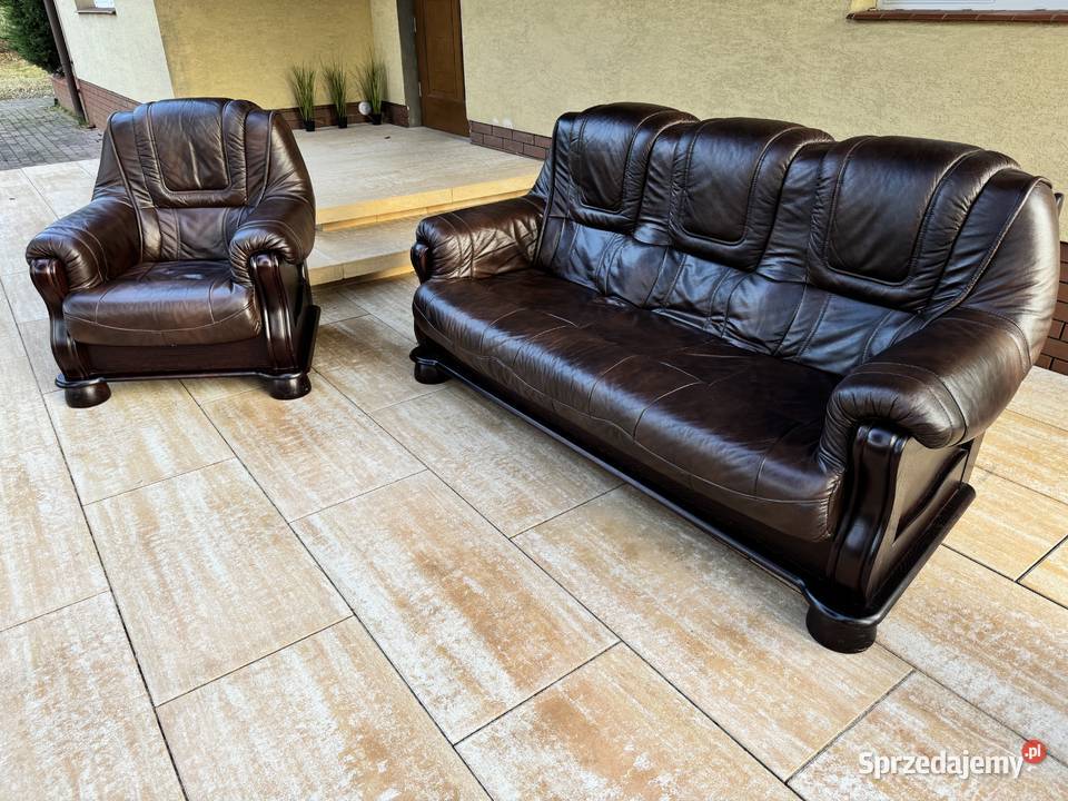 Wypoczynek skórzany stylowy brązowy kanapa fotel mazowieckie Sulbiny