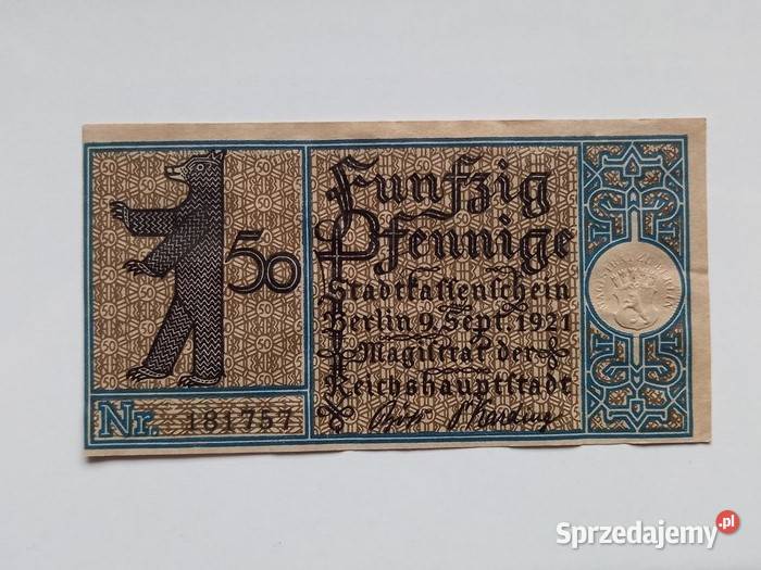 Trzy banknoty 50 Pfennig 1921 r miasta Berlin Numizmatyka Koszalin