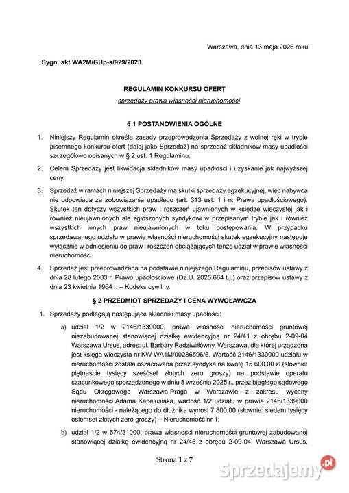 Syndyk sprzeda udziały w drogach w Warszawie 1zł/m2 Sprzedaż Warszawa sprzedam