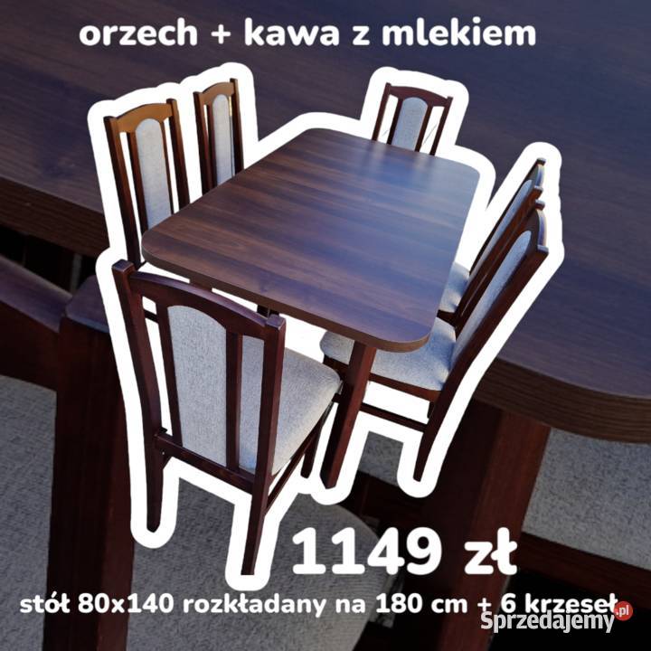 Nowe: Stół 80x140/180 + 6 krzeseł, orzech + kawa z mlekiem