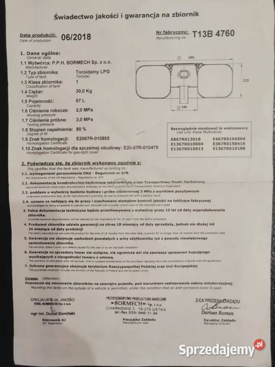 Sprzedam zbiornik lpg 67l osobowe łódzkie Pabianice