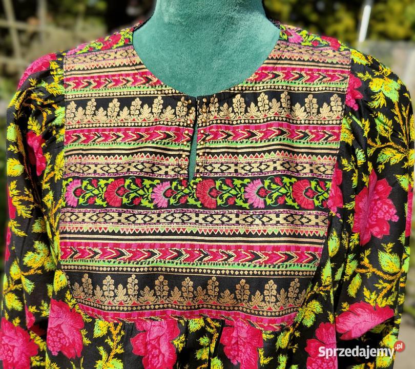 Czarna tunika folk XXL 44 bawełna kwiaty róże Topy i koszulki Szczecin