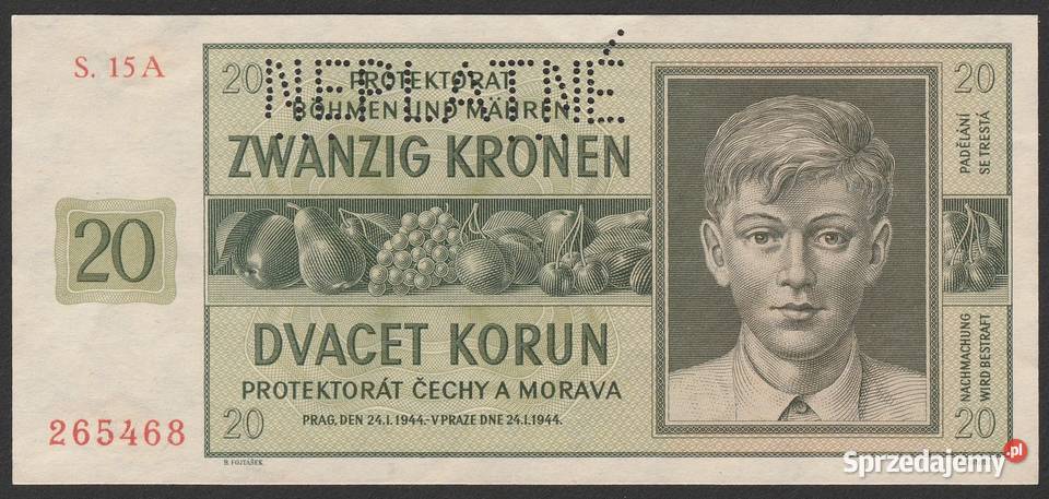 CZECHY I MORAWY 20 KORON 1944 STAN UNC Numizmatyka Łódź