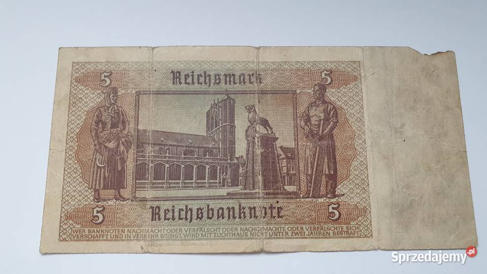 Banknot Niemiecki 5 Reichsmark z 1942 roku Warka