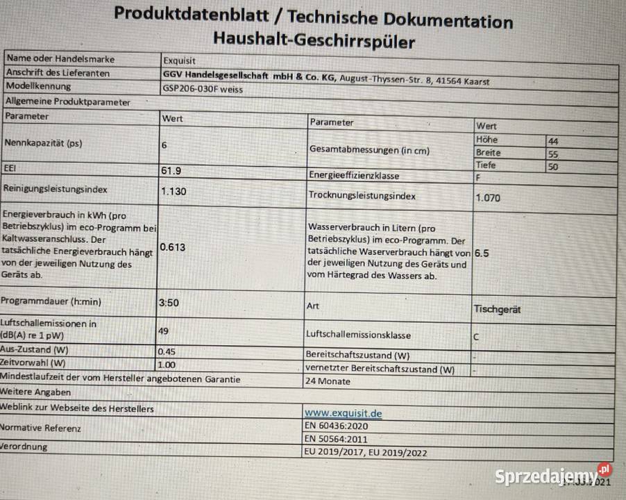 Zmywarka do naczyń wolnostojąca Exquisit GSP 206 Bogdaniec
