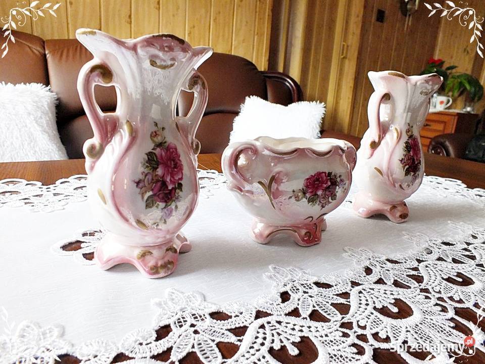 Stary porcelanowy komplet różowy kwiaty Śliczny