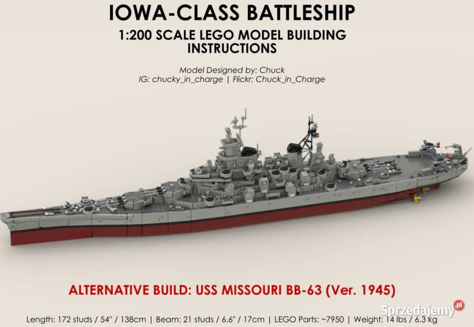 Pancernik Iowa z klocków lego skala 1200 Gigant sprzedam