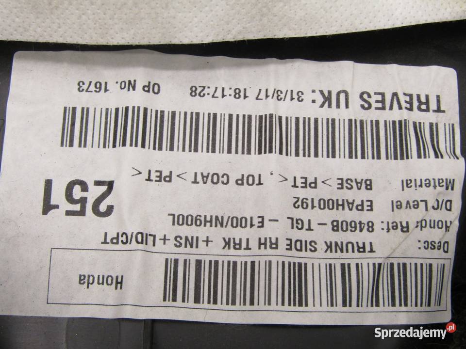 BOCZEK TAPICERKA BAGAŻNIKA PRAWY TYŁ TYLNA HONDA lubelskie