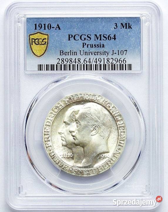 3 Marki 1910 r PCGS MS 64 Uniwersytet Berlin warmińsko-mazurskie Węgorzewo sprzedam