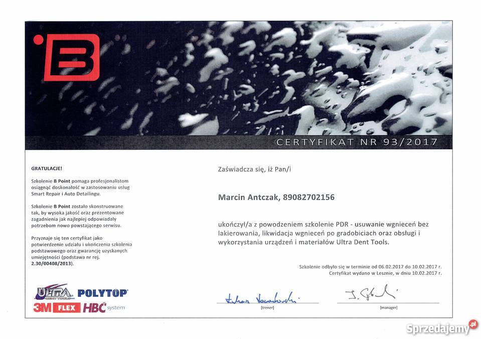 Certyfikowane usuwanie wgnieceń bez lakierowania