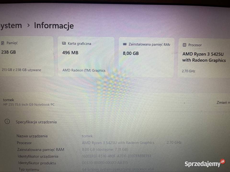 Laptop biurowy HP 255 g9 Ryzen 38GB ramSSD 256 Karta graficzna Mirosławiec sprzedam