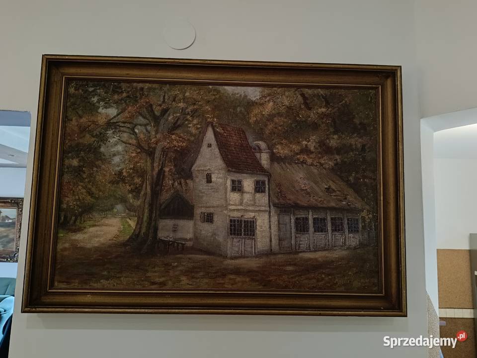 Stary obraz olejny na płótnie Sielankowy pejzaż Lipno