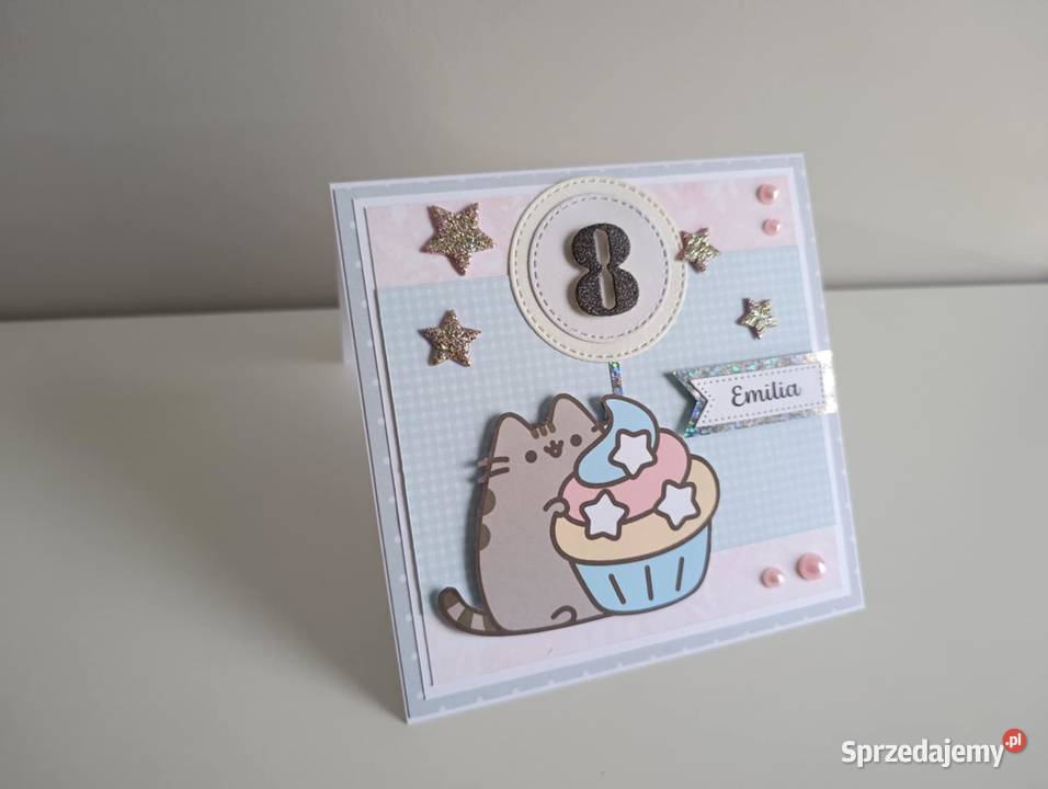 Kartka ręcznie robiona na urodziny kotek Pusheen Łódź