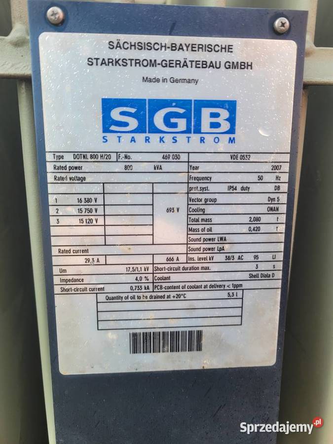 Transformator olejowy SGB 800 kVA 1575 kV 0693 Pozostałe Władysławowo sprzedam